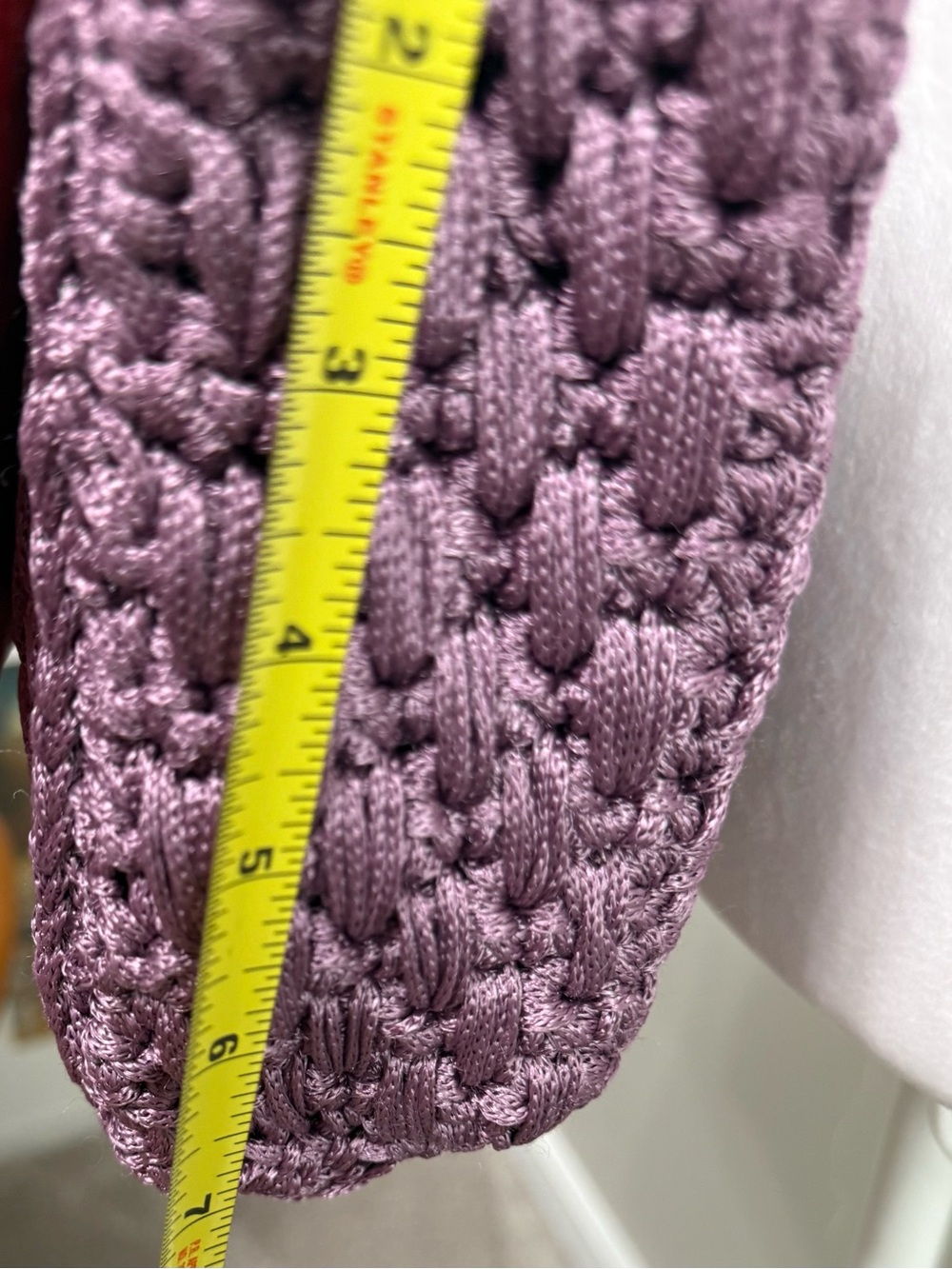 NEW! Handcrafted Mauve Crochet Crossbody Bag with red lining and chain strap - Picture 10 of 10
